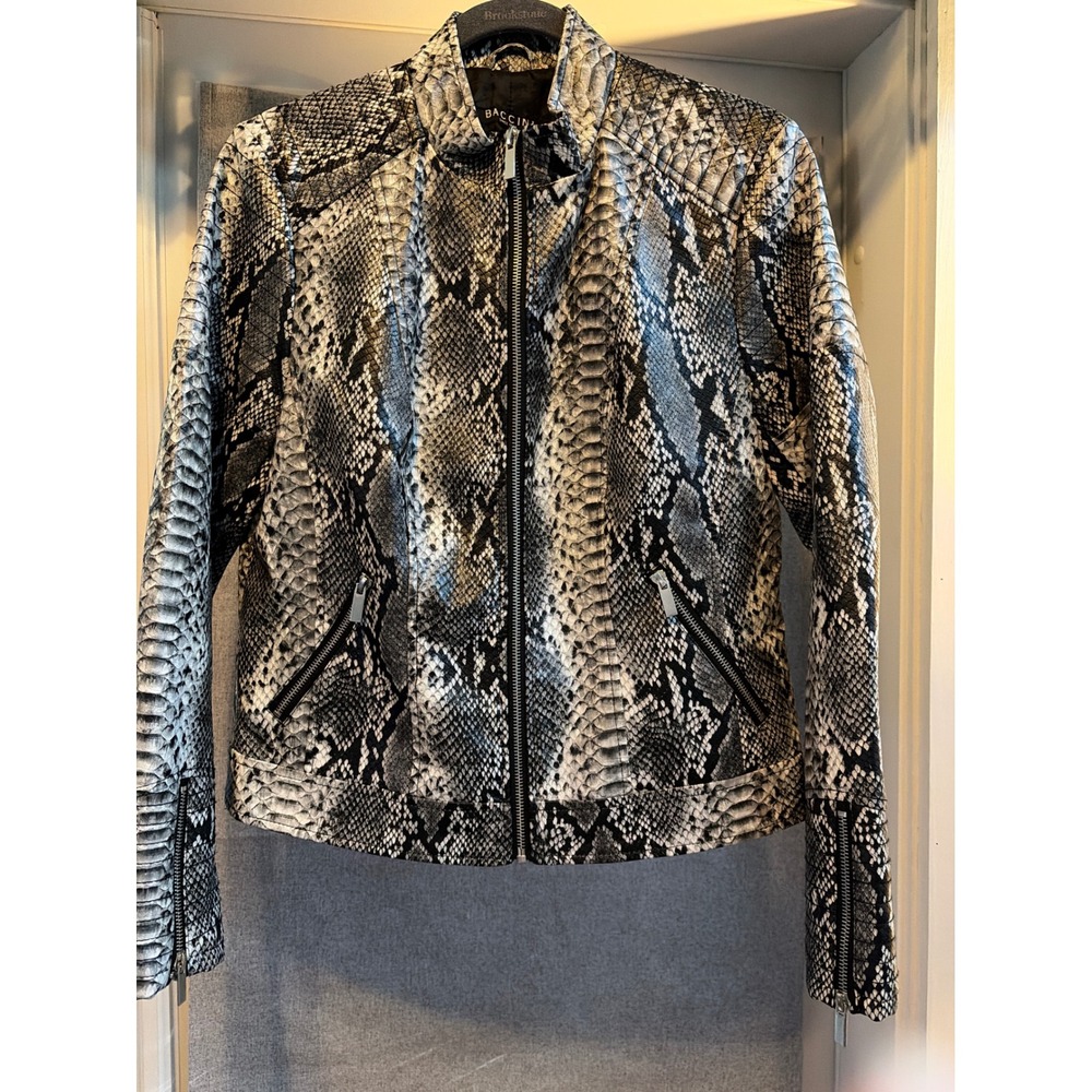 Baccini Women Grey Black Snakeskin Faux Leather Moto Jacket Size M Zip Cuffs
